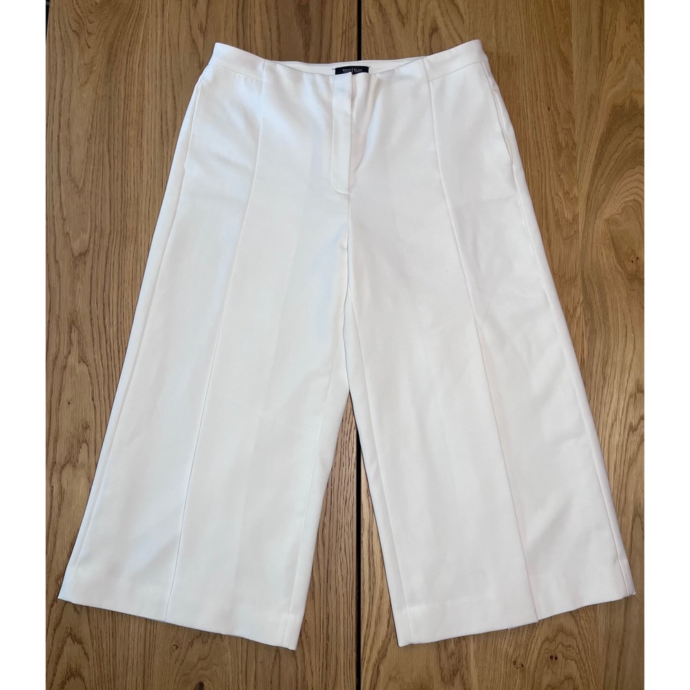 White House Black Market Wide Leg Crop Pants Women 14R White Slit Front Coastal‎